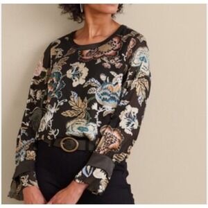 Soft Surroundings Black Floral Print Long Sleeve Blouse Top XS Boho Career Party